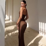 Summer Sexy Halter Neck Low Back Sleeveless Tight Fitting Long Solid Color Knitting Dress For Women