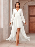 Women Solid V-neck irregular hem long-sleeved dress