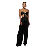 Women's Sexy Solid Color Tie Strapless Top Mid-Waist Wide Leg Pants Fashion Casual Two Piece Set