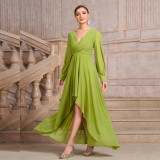 Women Solid V-neck irregular hem long-sleeved dress