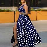 Women's Spring Summer Fashion Blue White Polka Dot V-Neck Slit Plus Size Maxi Dress