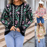Women Jacquard Branch Round Neck Floral Sweater
