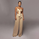 Women's Sexy Solid Color Tie Strapless Top Mid-Waist Wide Leg Pants Fashion Casual Two Piece Set
