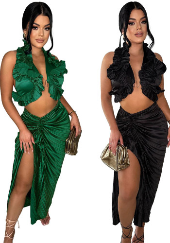 Fashionable Women's Solid Color Sleeveless Ruffled Halter Top Slit Pleated Skirt Two Piece Set