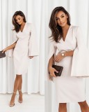 Women Autumn V Neck Slit Long Sleeve Solid Dress