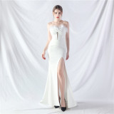 Feather Strapless Herringbone Slim Waist Solid Color Slit Evening Dress