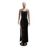 Sexy Solid Color Beaded Strap Irregular Party Dress Women Slit Long Gown
