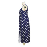 Women's Spring Summer Fashion Blue White Polka Dot V-Neck Slit Plus Size Maxi Dress