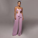 Women's Sexy Solid Color Tie Strapless Top Mid-Waist Wide Leg Pants Fashion Casual Two Piece Set