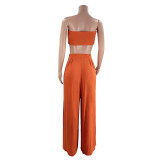 Women's Sexy Solid Color Tie Strapless Top Mid-Waist Wide Leg Pants Fashion Casual Two Piece Set