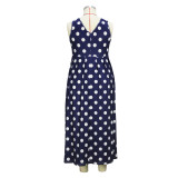 Women's Spring Summer Fashion Blue White Polka Dot V-Neck Slit Plus Size Maxi Dress