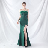 Feather Strapless Herringbone Slim Waist Solid Color Slit Evening Dress