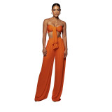Women's Sexy Solid Color Tie Strapless Top Mid-Waist Wide Leg Pants Fashion Casual Two Piece Set