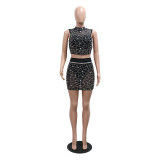 Women Beaded Mesh Sleeveless Round Neck Top and Bodycon Mini Skirt with Panties Two-piece Set