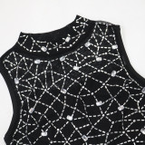 Women Beaded Mesh Sleeveless Round Neck Top and Bodycon Mini Skirt with Panties Two-piece Set