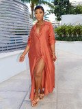 Women Shiny Satin Loose Casual Shirt Dress