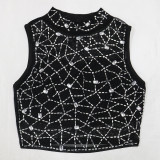 Women Beaded Mesh Sleeveless Round Neck Top and Bodycon Mini Skirt with Panties Two-piece Set