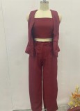 Women Summer Solid Career Vest and Pants Three-Piece Set