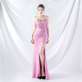 Women Fishbone Vest Off Shoulder Evening Dress