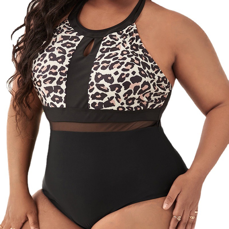 Plus Size Leopard Print Cross One-Piece Swimsuit