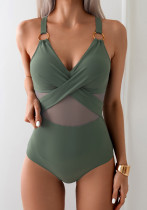 Women solid mesh bikini one-piece swimwear