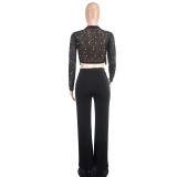 Women summer solid round neck polka dot mesh crop top and trousers two-piece suit