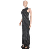Women solid beaded mesh sleeveless formal party dress
