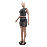 Women Beaded Mesh Sleeveless Round Neck Top and Bodycon Mini Skirt with Panties Two-piece Set