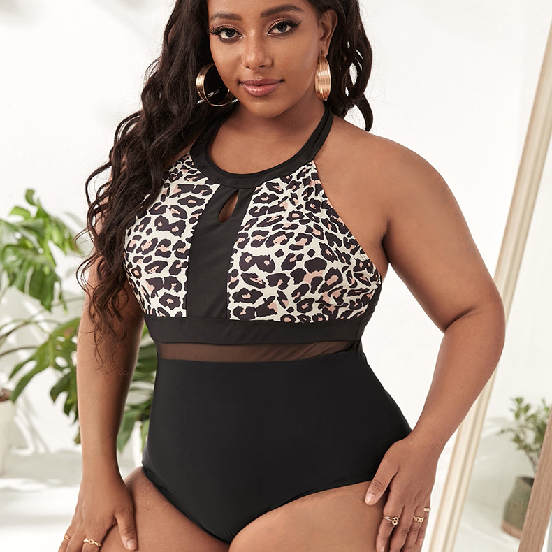 Plus Size Leopard Print Cross One-Piece Swimsuit
