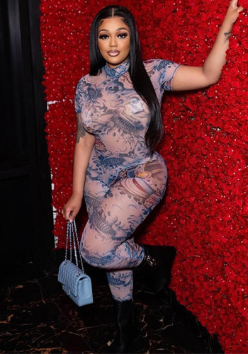 Summer Women sexy backless print see-through mesh jumpsuit