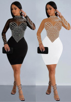Women solid mesh beaded long-sleeved mini dress Women solid mesh beaded long-sleeved mini dress