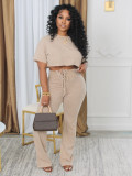 Women Casual Round Neck Top Lace-Up Pant Two-piece Set
