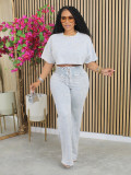 Women Casual Round Neck Top Lace-Up Pant Two-piece Set