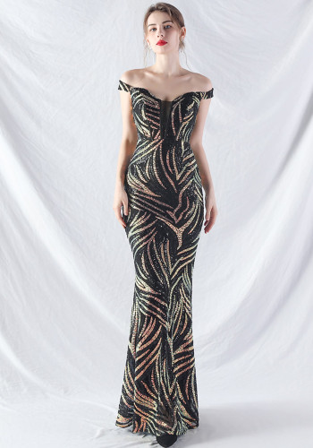 Women Off Shoulder Sequins Evening Dress