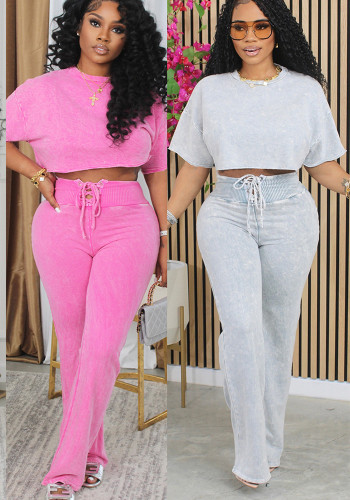 Women Casual Round Neck Top Lace-Up Pant Two-piece Set