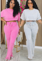 Women Casual Round Neck Top Lace-Up Pant Two-piece Set Women Casual Round Neck Top Lace-Up Pant Two-piece Set