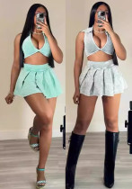 Women Sexy Summer Turndown Collar V-Neck Ribbed Short Top Mini Skirt Two-Piece Set Women Sexy Summer Turndown Collar V-Neck Ribbed Short Top Mini Skirt Two-Piece Set