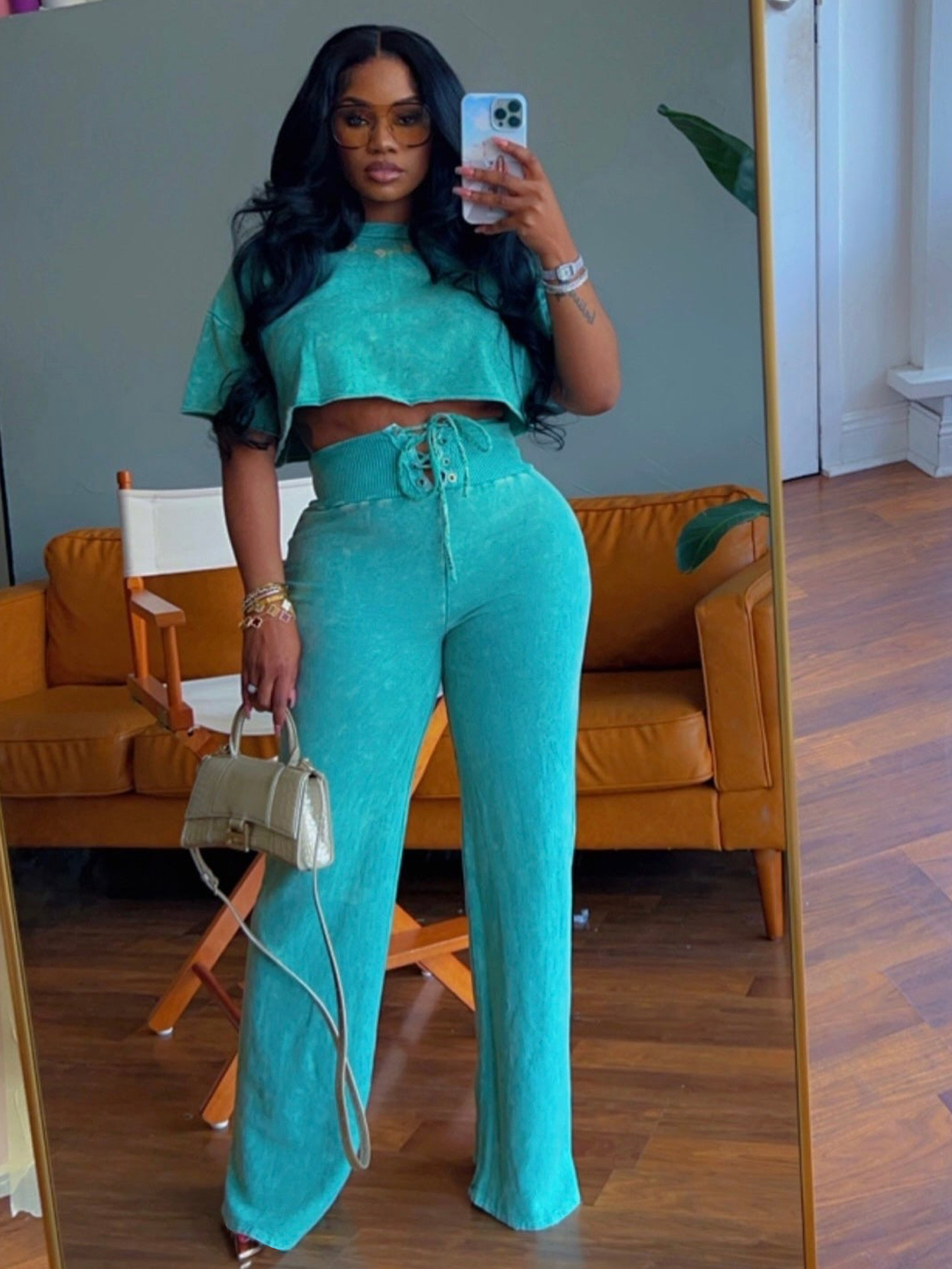 Women Casual Round Neck Top Lace-Up Pant Two-piece Set