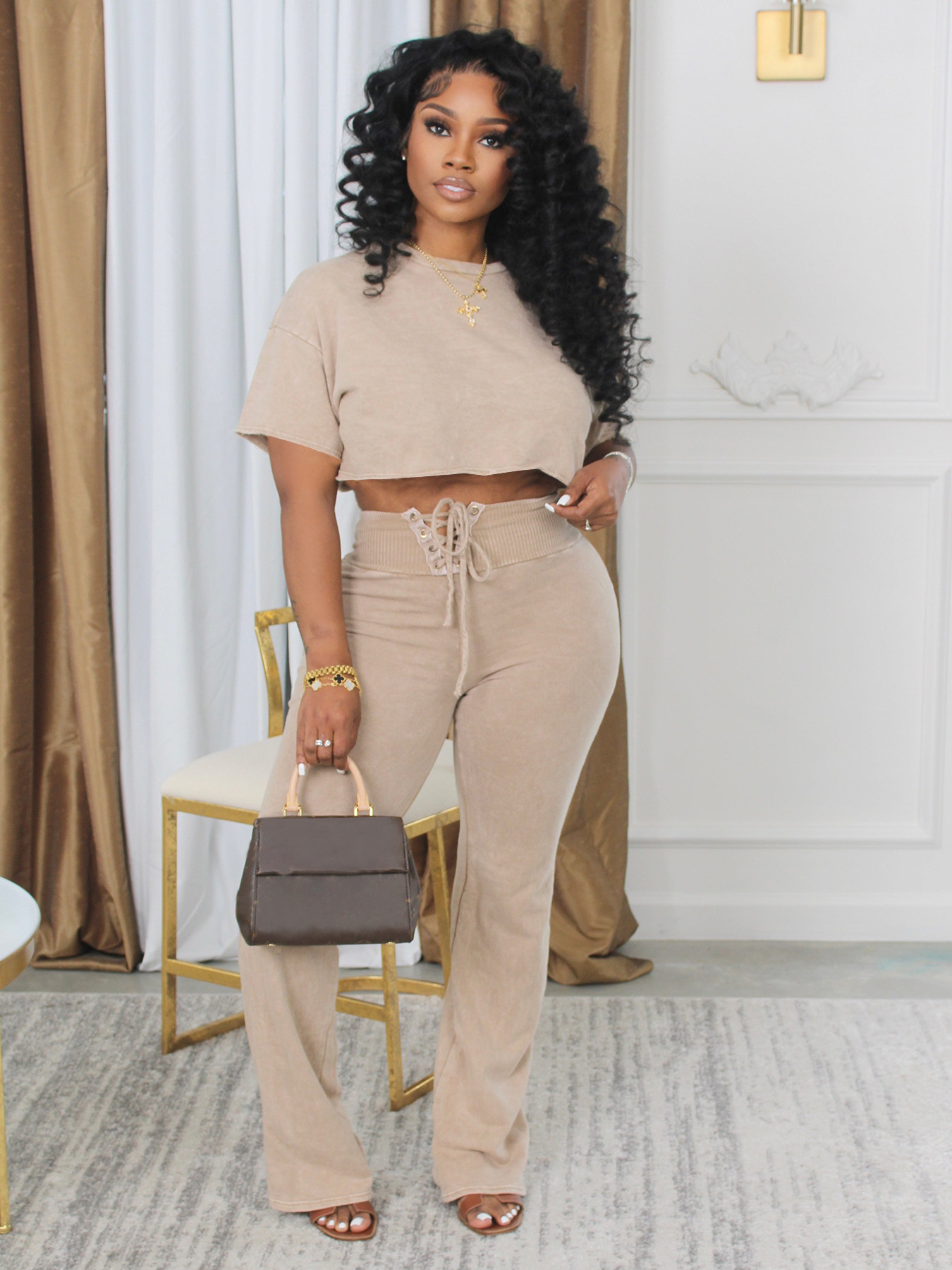 Women Casual Round Neck Top Lace-Up Pant Two-piece Set