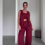 Women Summer Solid Career Vest and Pants Three-Piece Set