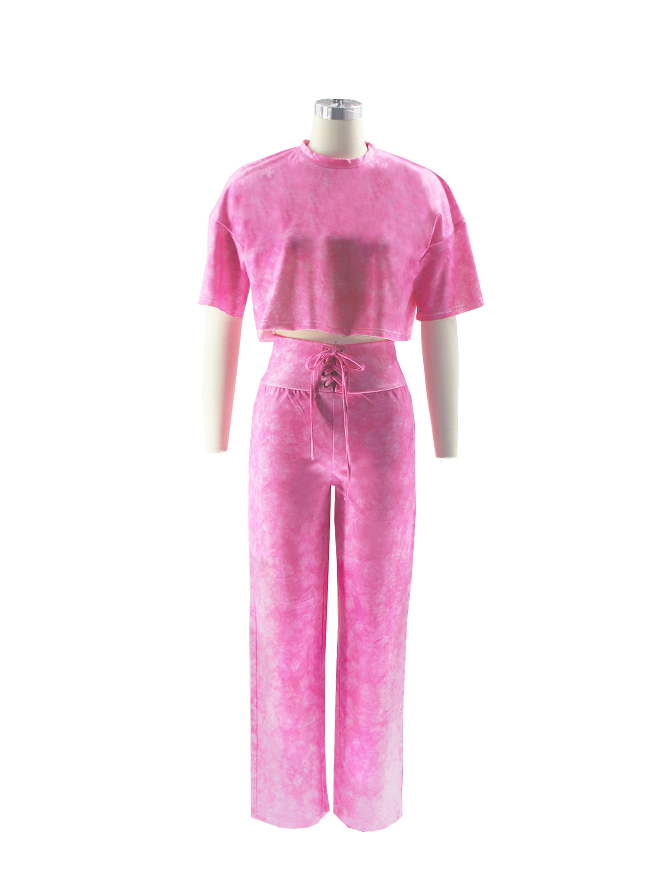 Women Casual Round Neck Top Lace-Up Pant Two-piece Set