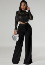 Women summer solid round neck polka dot mesh crop top and trousers two-piece suit Women summer solid round neck polka dot mesh crop top and trousers two-piece suit