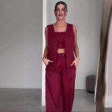 Women Summer Solid Career Vest and Pants Three-Piece Set