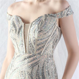 Women Off Shoulder Sequins Evening Dress