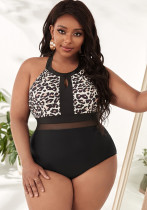 Plus size Women summer leopard print cross sexy one-piece swimwear