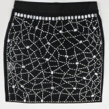 Women Beaded Mesh Sleeveless Round Neck Top and Bodycon Mini Skirt with Panties Two-piece Set
