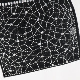 Women Beaded Mesh Sleeveless Round Neck Top and Bodycon Mini Skirt with Panties Two-piece Set