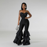 Women sexy Strapless Solid pleated lace Jumpsuit