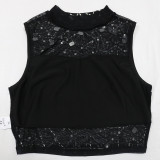 Women Beaded Mesh Sleeveless Round Neck Top and Bodycon Mini Skirt with Panties Two-piece Set
