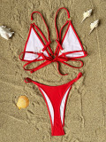 Sexy Lace-Up Swimsuit Women Low Back Solid Color Bikini